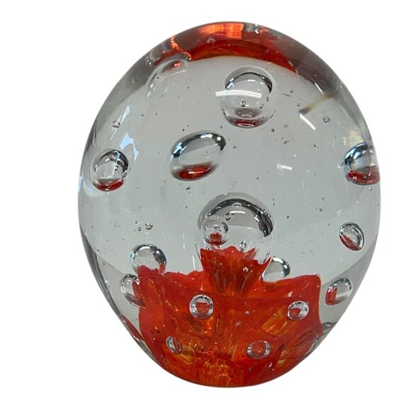 Handcrafted Clear Orange Glass Paperweight Art Piece Bubbles 3” Sphere - Picture 2 of 6